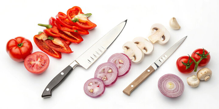 A variety of fresh vegetables and two knives are arranged on a white background. Sliced red onions, mushrooms, tomatoes, and red peppers complement the scene, creating a vibrant display of colors.AI