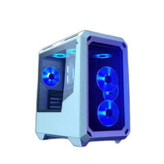 Modern PC case with blue lighting, isolated on black background, for tech website or ad.
