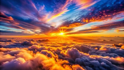 Obraz premium Panoramic Sunrise Flight: Breathtaking Aerial View of Scenic Landscape