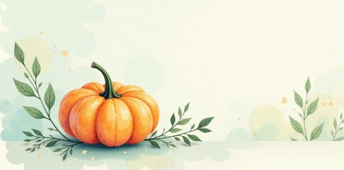 Autumnal Harvest A Single Pumpkin Rests Amidst Delicate Green Foliage on a Soft, Pastel Background