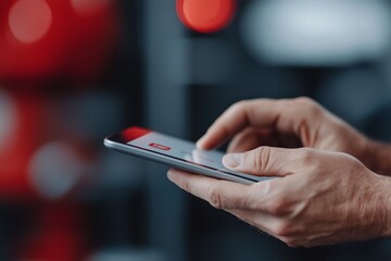 A detailed close-up of a person’s hands using a sleek tablet with a digital interface. The screen displays red-highlighted data, suggesting analysis or control.