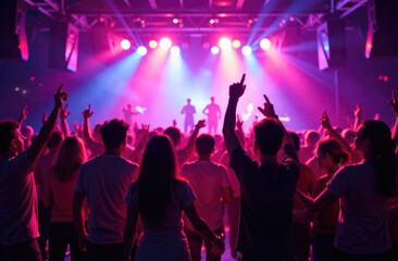 Obraz premium Festive concert, young people dancing and having fun, bright colorful lighting of spotlights and lamps
