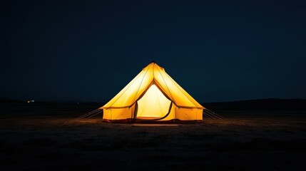 Illuminated Tent Glowing Under Starlit Sky in Vast Desert Landscape Creating a Magical Atmosphere with Shadows of People Nearby Enjoying Nature