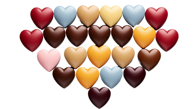 Assorted Colorful Chocolate Heart Candies on Black Background, studio view, isolated on transparent background.