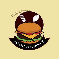 Burger factory logo. Hamburger restaurant emblem. Linear flat logo. Burger Logo Vector design template.  Design element for logo, poster, card, banner, emblem
