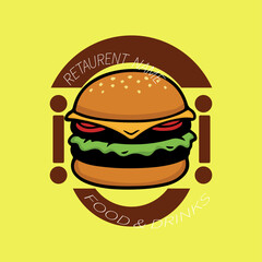 Burger factory logo. Hamburger restaurant emblem. Linear flat logo. Burger Logo Vector design template.  Design element for logo, poster, card, banner, emblem
