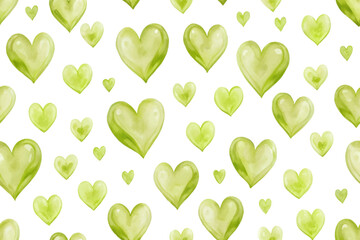 Green heart pattern, watercolor design, seamless background, romantic decor, nature-inspired art, vibrant colors.