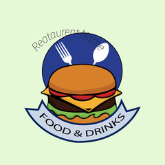 Burger factory logo. Hamburger restaurant emblem. Linear flat logo. Burger Logo Vector design template.  Design element for logo, poster, card, banner, emblem