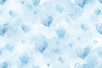 Soft blue watercolor background, heart shapes, romantic design, perfect for invitations, love themes, and decor.