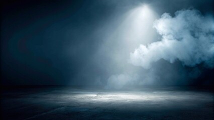The dark stage shows, dark blue background, an empty dark scene, neon light, and spotlights The concrete floor and studio room with smoke float up the interior texture for display products
