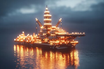 Fototapeta premium Illuminated offshore oil rig at night, reflecting on calm waters. Perfect for energy, industry, and technology concepts.