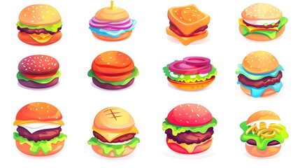 Colorful Assortment of Delicious Burgers and Sandwiches Illustrated in a Cheerful Cartoon Style
