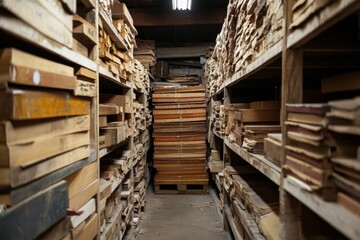 Obraz premium Aged wood planks stacked shelves, dimly lit storage.