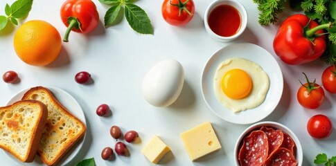 A healthy and delicious breakfast featuring fried egg, toast, cheese, salami, orange, tomatoes, and peppers