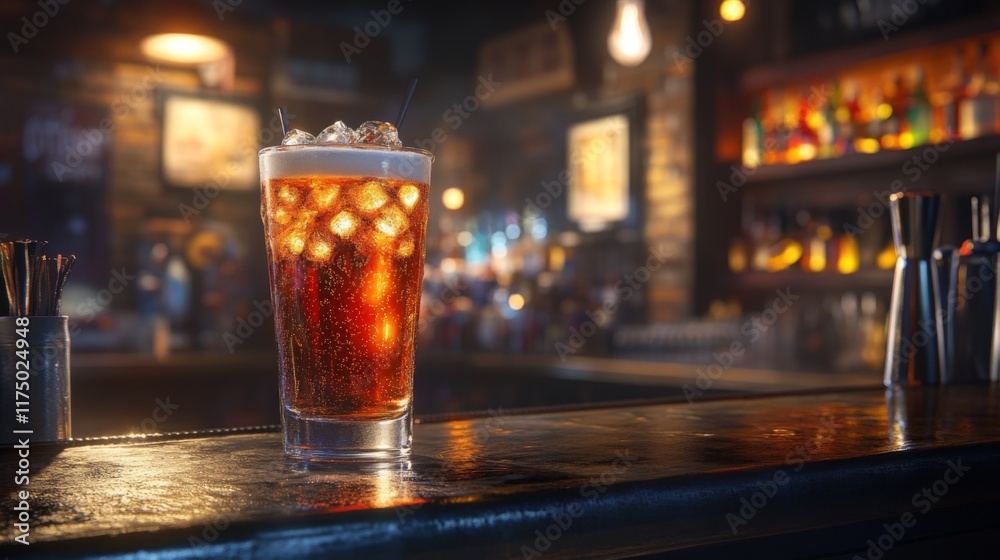 Poster A refreshing glass of beer filled with ice cubes, set on a bar counter with soft reflections, creating a cool and crisp look with a touch of ambient light