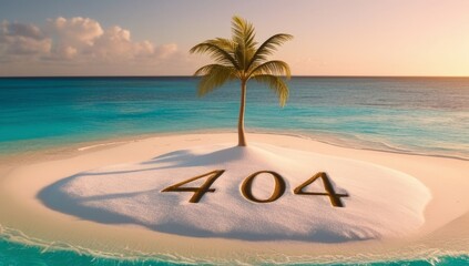 404 error message drawn in the sand on a tropical beach with a lone palm tree and ocean waves in the background. Ideal for travel websites, vacation booking errors, or creative web maintenance