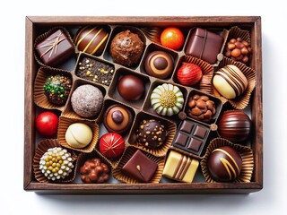 Gourmet Chocolate Candies in Box - Night Photography, Top View, White Background