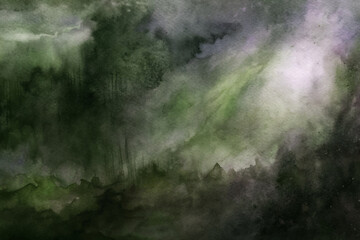 Abstract watercolor landscape, dark green tones, misty atmosphere, soft light rays, serene nature scene.