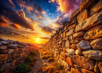 Panoramic View of a Majestic Stone Wall at Sunset - High-Resolution Stock Photo
