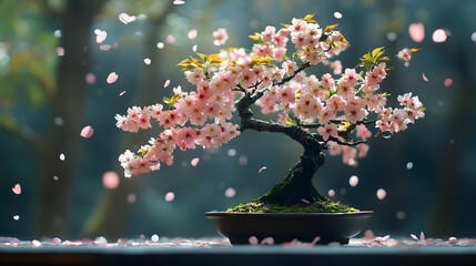 A bonsai tree styled as a traditional cherry blossom, with falling petals as the background, during a breezy spring afternoon