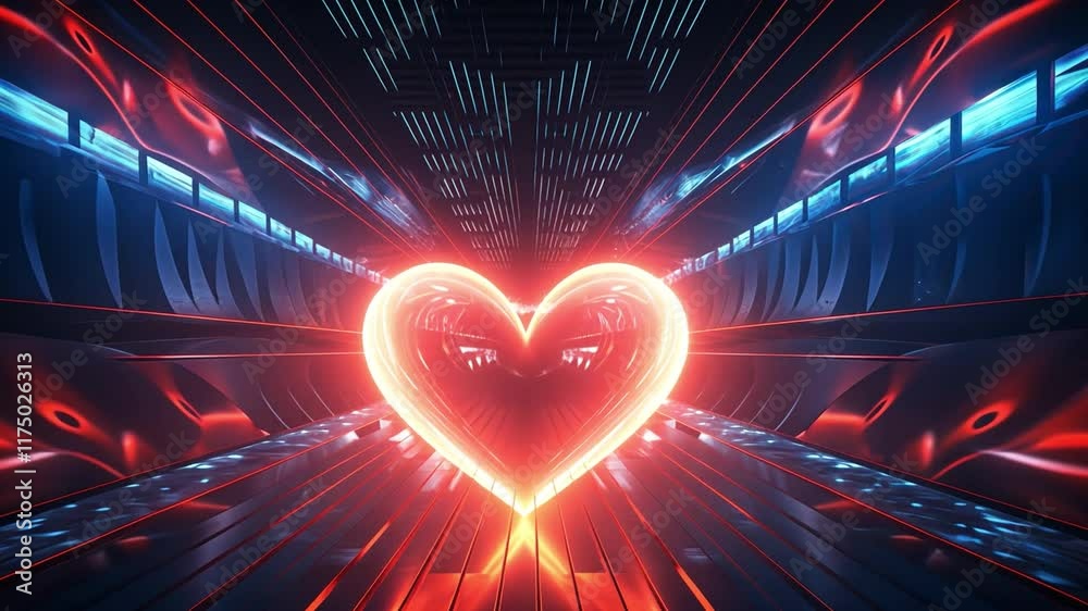 Poster neon heart in the digital void: a glowing, pulsating heart illuminated in a futuristic, neon-lit hal
