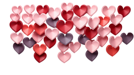 Abstract Pink Red Purple 3D Hearts Romantic Valentine's Day, studio view, isolated on transparent background.