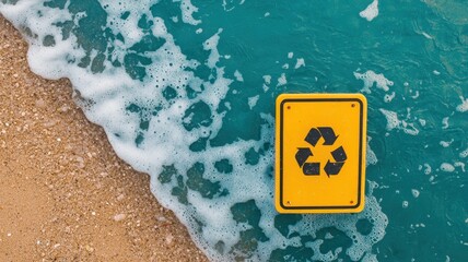 Naklejka premium Ocean Wave Recycling Symbol Sign on Sandy Beach Environmental Conservation