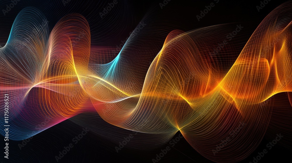 Poster an abstract visualization of electromagnetic waves in motion, showcasing their complex interaction w