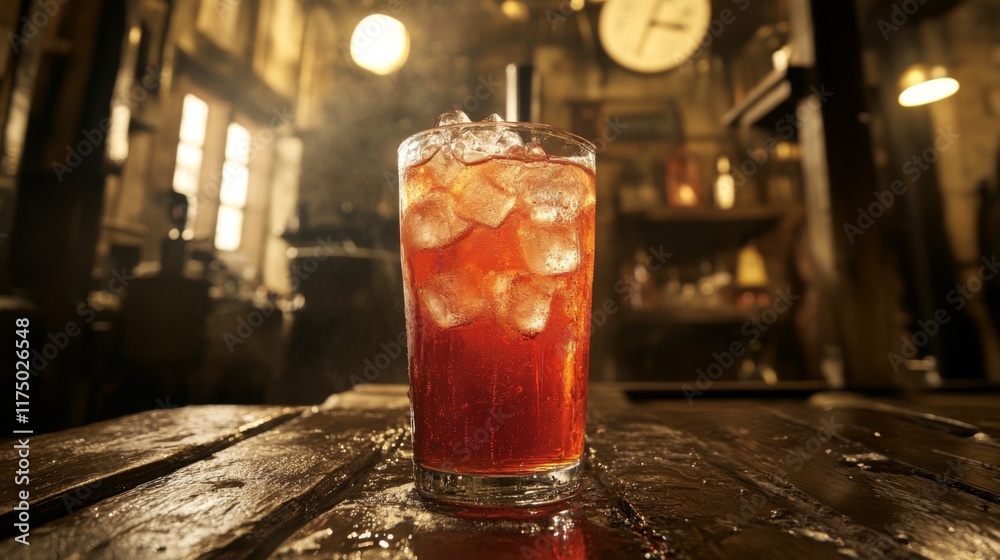 Poster A refreshing shot of a cold soda with ice cubes, the liquid fizzing and sparkling, placed on a rustic wooden table with soft, diffused lighting