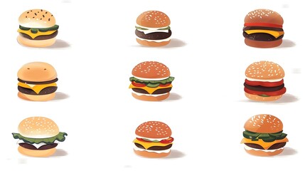 Assortment of Delicious Burgers in Flat Cartoon Style for Culinary and Fast Food Concepts