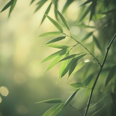 Obraz premium Lush green bamboo leaves in soft sunlight, close-up.