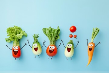 Cheerful vegetables with faces leaping in joy on a light blue background for fun banner design
