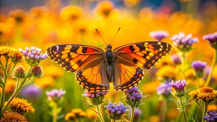 Obraz premium Panoramic View of a Small Orange and Black Butterfly on Wildflowers