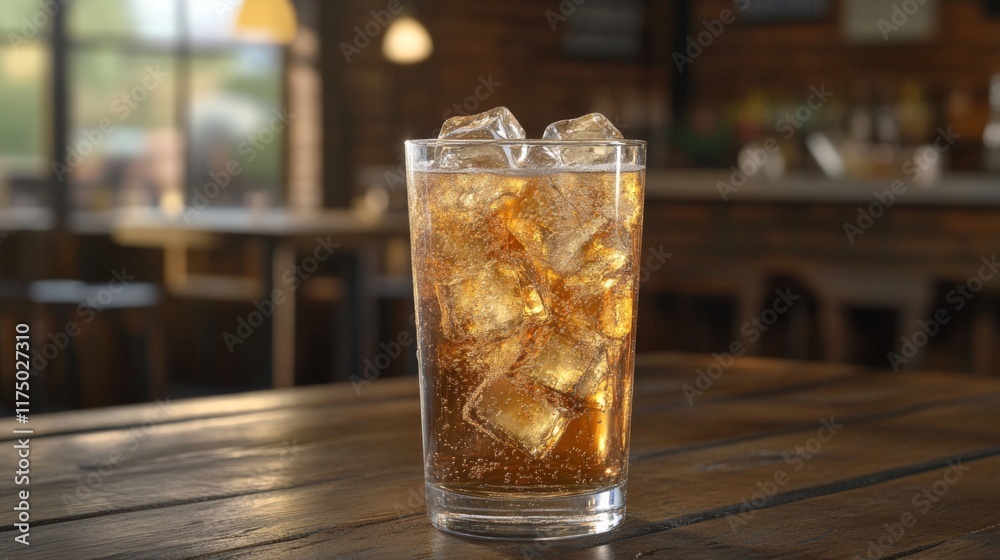 Poster A refreshing shot of a cold soda with ice cubes, the liquid fizzing and sparkling, placed on a rustic wooden table with soft, diffused lighting