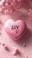 Cute "LUV U" icon, clean pink tiled background, ultra-high definition, international fashion elements, dramatic studio lighting, 32k resolution, perfect trendy wallpaper, HDR, 8k details.