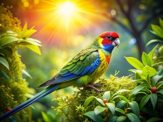 Panoramic View of a Vibrant Green Rosella Bird in its Natural Habitat
