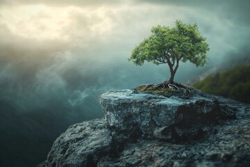 Explore a fantastical dreamworld featuring an ancient tree surrounded by majestic rock formations