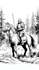 Fototapeta premium Medieval Knight on Horseback in Forest Monochrome Illustration Fantasy Art