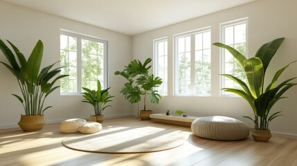 Fototapeta premium A spacious living room with large indoor plants, luxurious furniture, and blank white walls