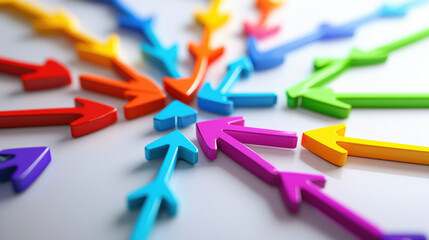 Fototapeta premium Colorful arrows converging towards central point, symbolizing unity and collaboration