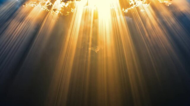 Beautiful landscape of cloudscape with large, building clouds and sunset behind shining sun rays, rays of light, and eventually breaking through cloud mass.