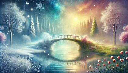 Obraz premium An Enchanting Bridge Uniting Winter's Serenity with Spring's Warm Embrace