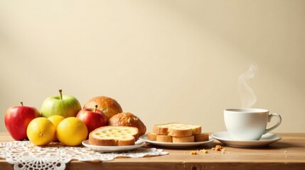 A delightful morning arrangement featuring sweet baked goods, ripe fruit, and a steaming cup of tea, presented on a rustic wooden table