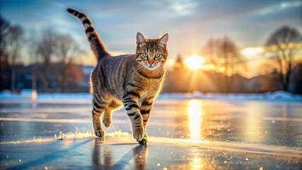 Obraz premium Graceful Tabby Cat Ice Skating: Winter Sports Athlete on Frozen Rink