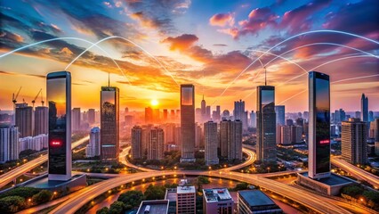 Fototapeta premium Panoramic View of Cityscape Showing Strong Mobile Phone Signal Connection