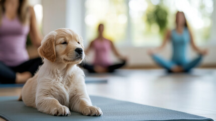 Puppy enjoys tranquility during yoga class with participants in a sunny indoor studio setting
