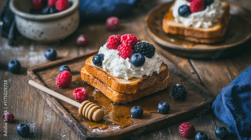 Poster A rustic presentation of honey toast served with a side of whipped cream and fresh berries, placed on a wooden table with a small honey dipper for a cozy touch.