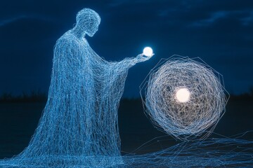 A contemplative wire figure with a glowing orb beside a digital sphere symbolizes ai s data mastery