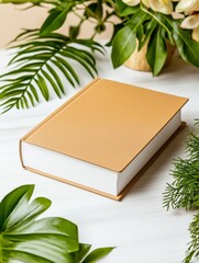 A hardcover golden book placed on a white wooden surface surrounded by green tropical leaves and elegant floral decor, creating a fresh and sophisticated aesthetic