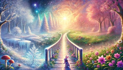 Obraz premium A serene horizontal fantasy painting capturing the transition between winter's tranquil snowy landscape and spring's blooming vibrancy through a symbolic ethereal bridge